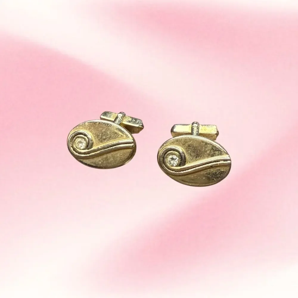 Vintage Swank Gold Tone Oval Swirl Rhinestone Cufflinks MCM Modernist